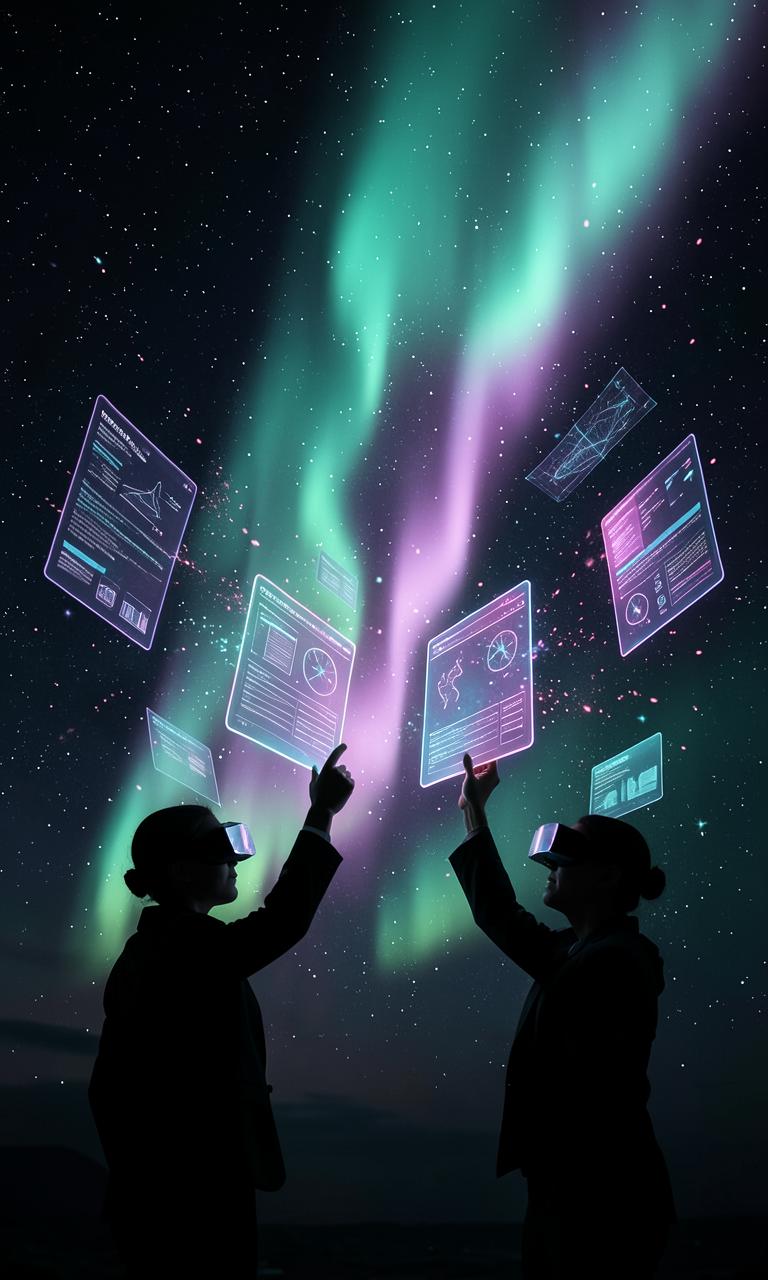 Personas con visores tecnológicos y plantillas volando bajo una aurora
